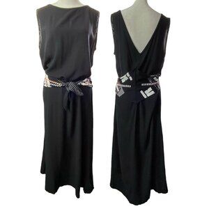 Vtg KD SPRING Deep V Back Maxi Dress Sleeveless Ties in Front Sz L Black 77-39